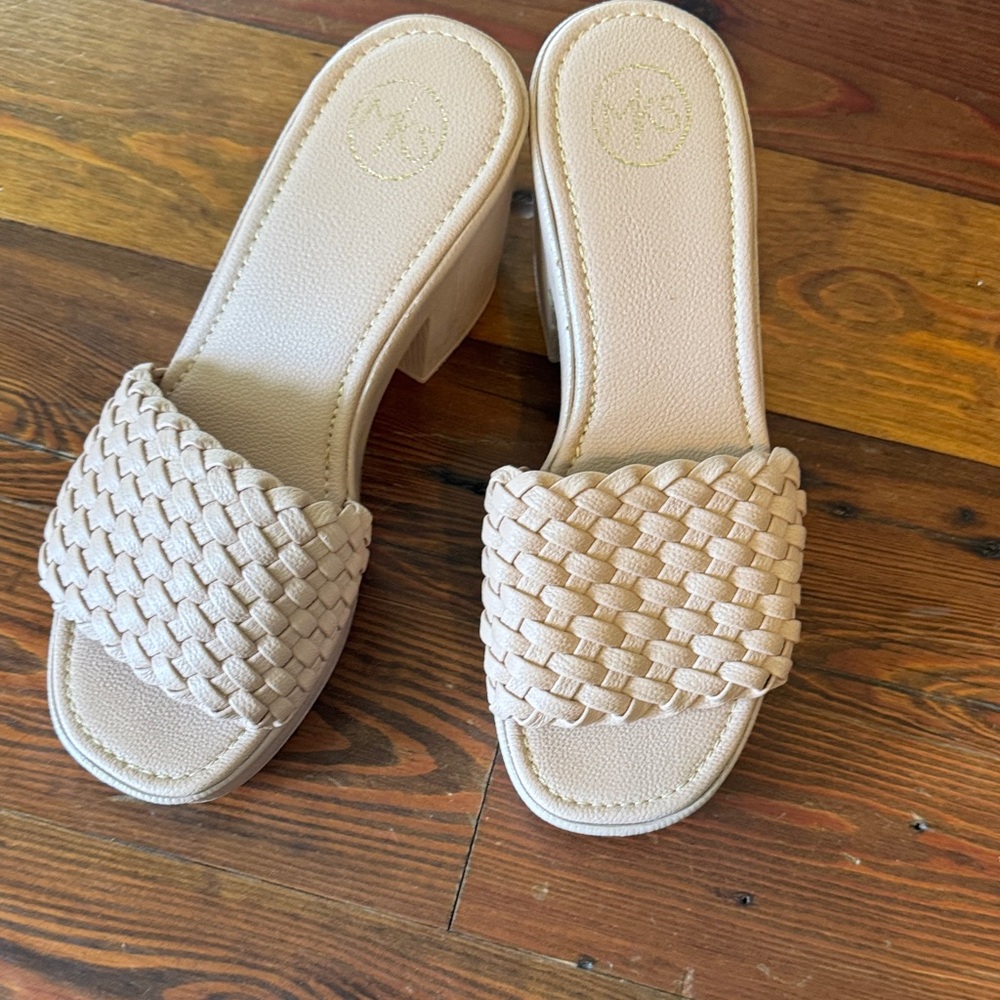 Beige Woven Slide Mules with Low Block Heel